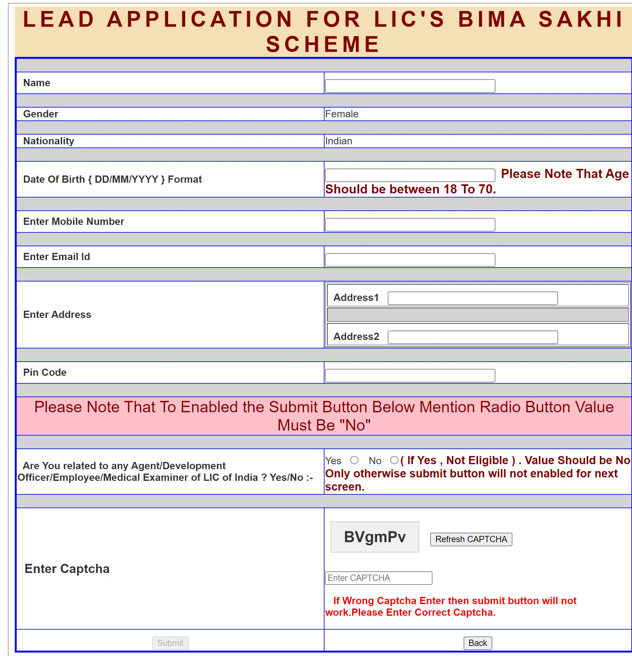 Bima Sakhi Yojana Application Form