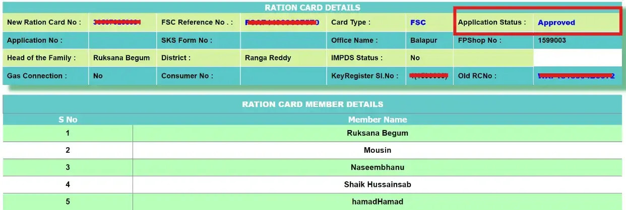 FSC Ration Card Details