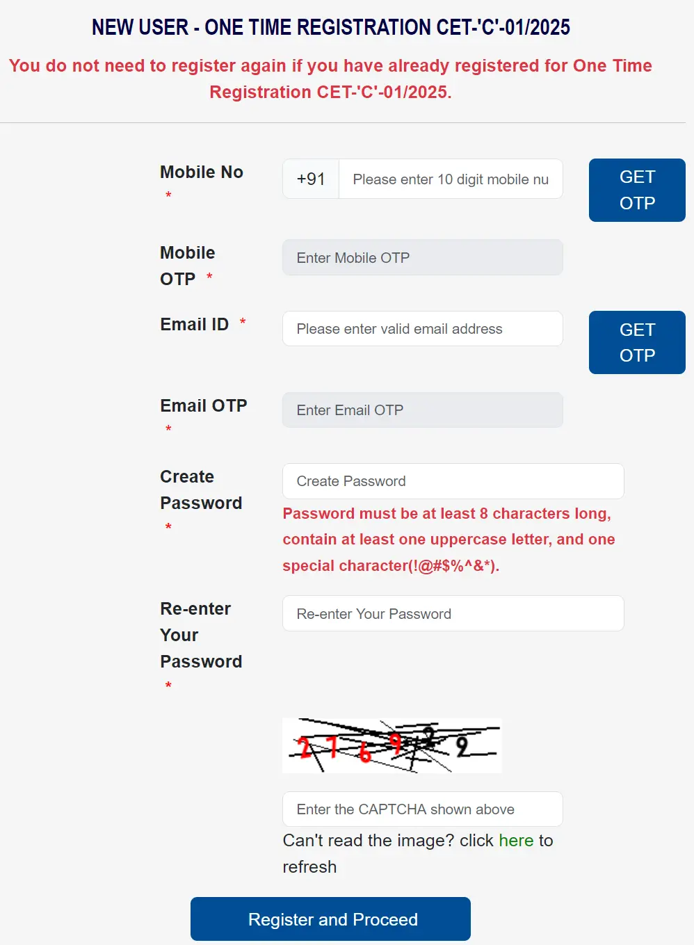 One Time Registration Form