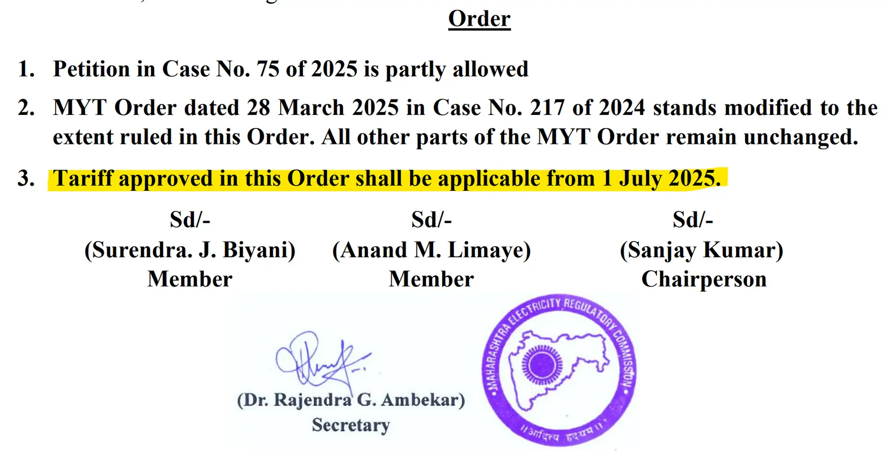 New Tariff Applicable from 1st July 2025